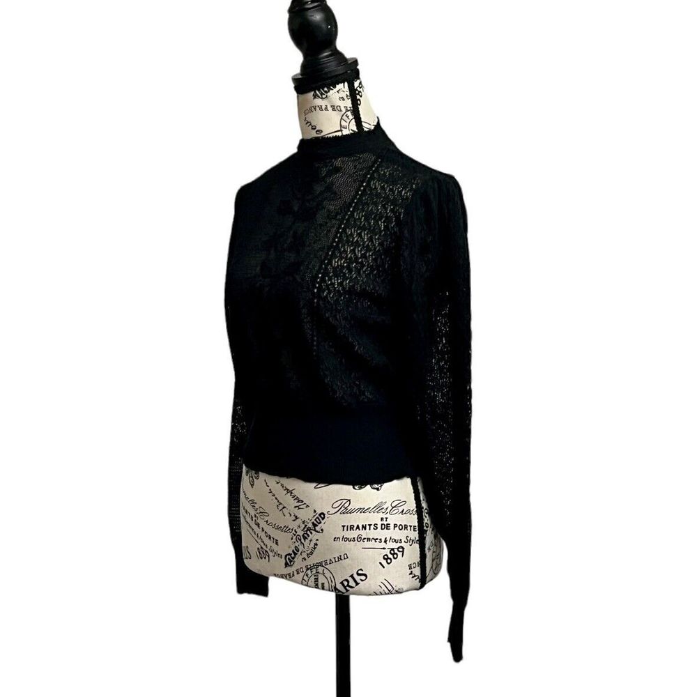 Zara Womens Black Long Sleeve Open Knit Sheer Pullover High Neck Cropped M Boho - Picture 2 of 8